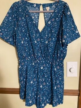 LOFT Teal Floral V-Neck Romper